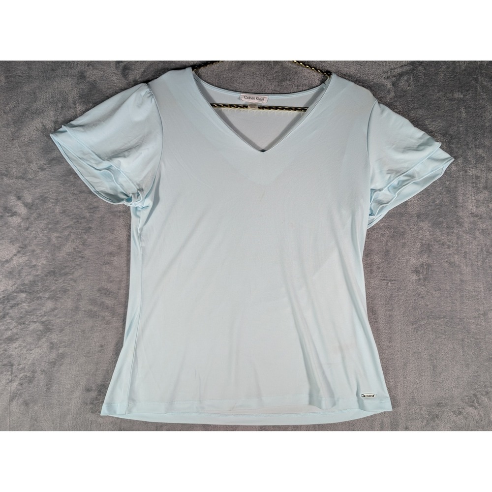 Calvin Klein Womens Ice Lightโ Blue V Neck Ruffle Short Sleeve Blouse Top Medium